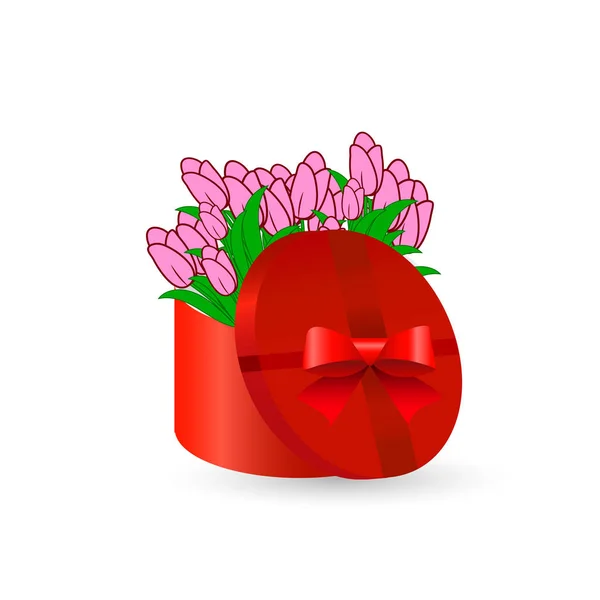 Tulipanes en una caja de regalo. Fondo blanco. Día de San Valentín — Vector de stock