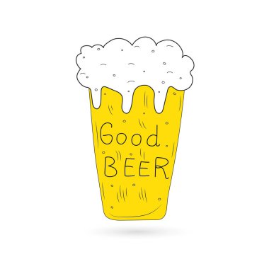 Bir bardak bira beyaz zemin üzerinde. Yazıt iyi bira