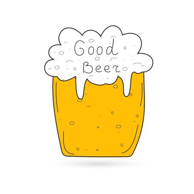 Bir bardak bira beyaz zemin üzerinde. Yazıt iyi bira