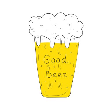 Bir bardak bira beyaz zemin üzerinde. Yazıt iyi bira