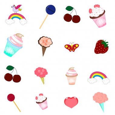 Sweets, bir gökkuşağı, güzel bir tek boynuzlu at, bir kelebek ile renkli simge kümesi.