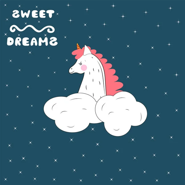 Seekor unicorn tidur di langit yang berbintang. Ilustrasi vektor . - Stok Vektor