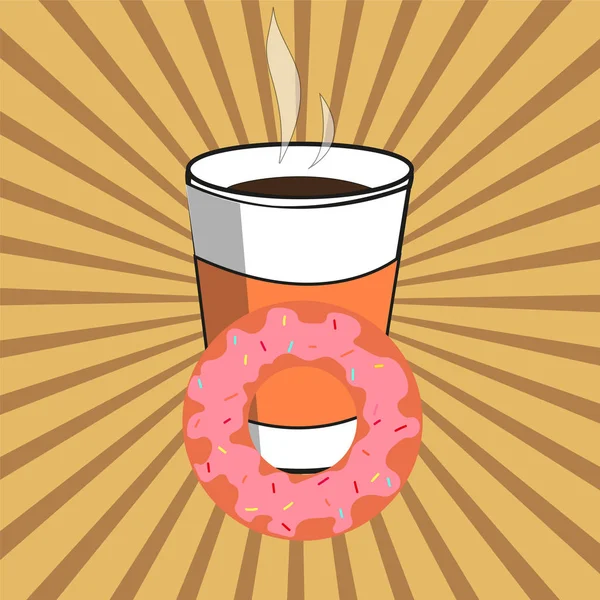 Pappbecher Kaffee und Donut im Stil der Pop-Art. — Stockvektor
