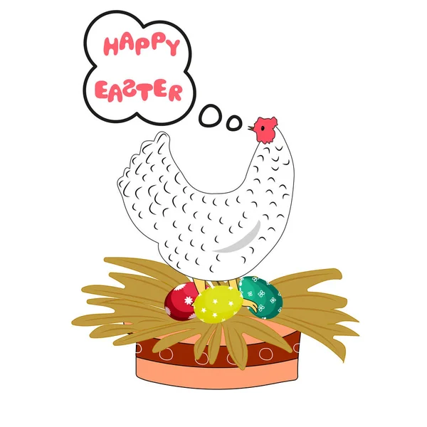 Easter greeting card. Chicken hen on the nest Painted Eggs — Stock Vector