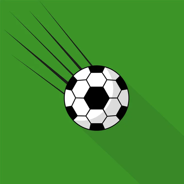 Uzun bir gölge ile yeşil bir arka plan üzerinde uçan bir futbol topu. — Stok Vektör