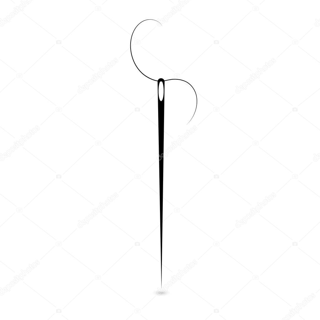 Icon of a needle with a thread black on a white background.