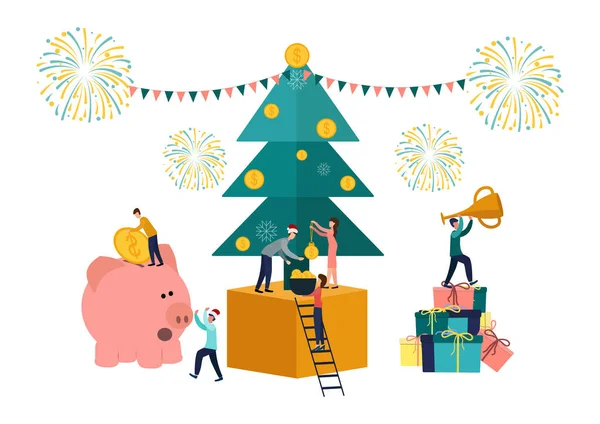 Векторные плоские иллюстрации, большая копилка на белом фоне, новогодняя елка с деньгами, бизнесмены готовятся к новому году, получают денежные премии . Лицензионные Стоковые Иллюстрации