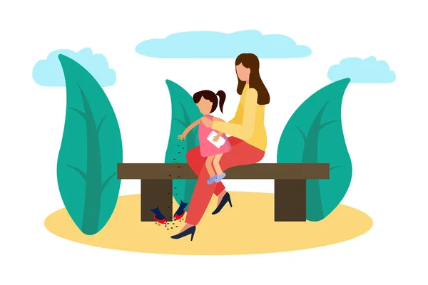 ベクトルイラスト公園内の母と娘が鳥に餌を与えます。幸せな家族の愛情の母親. — ストックベクタ