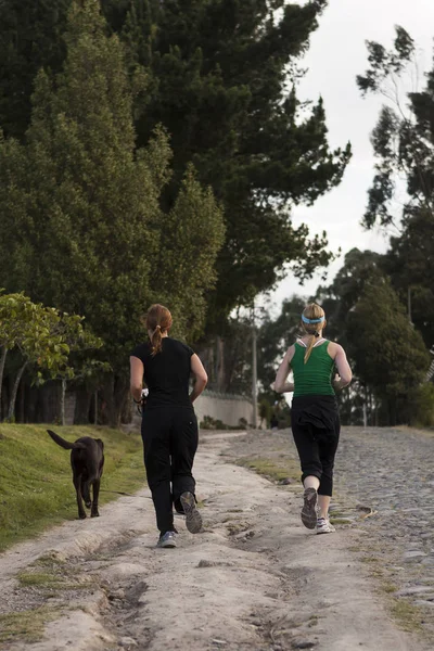 Chicas corriendo con perro en parque 