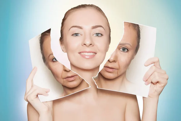 Renovating skin, woman breaks her old face photo — Stock Photo, Image