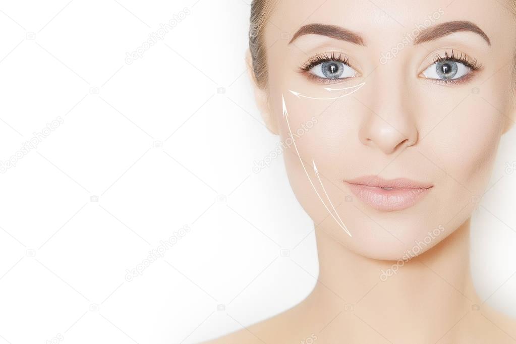 skin lifting, beauty concept, face with surgery marks
