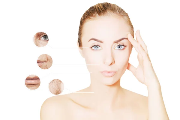 Ritratto di faccia di donna su bianco con cerchi grafici di pelle di ols — Foto Stock