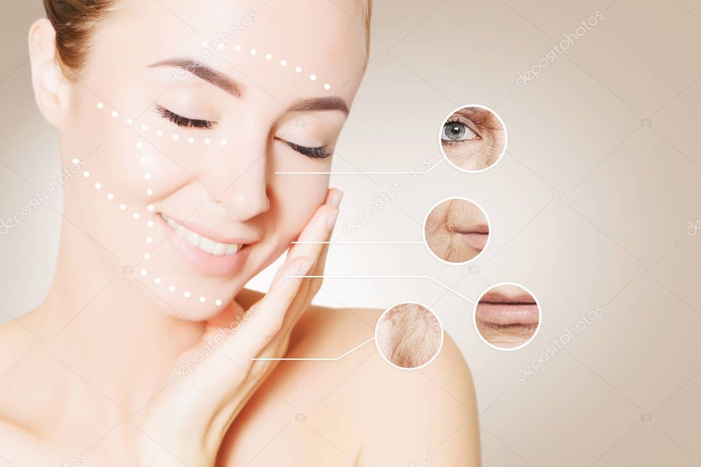 portrait of woman face over beige with graphic circles of ols sk