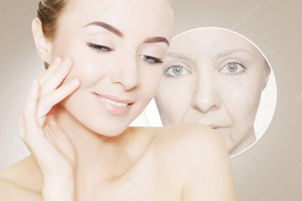 portrait of woman face over beige with graphic circles of ols sk