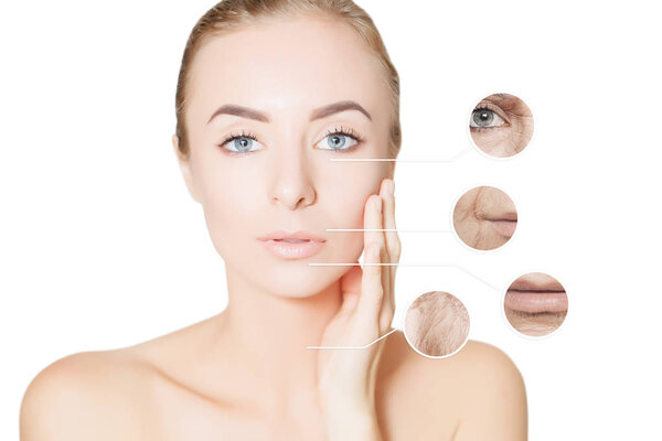 portrait of gorgeous model with old and young skin over white