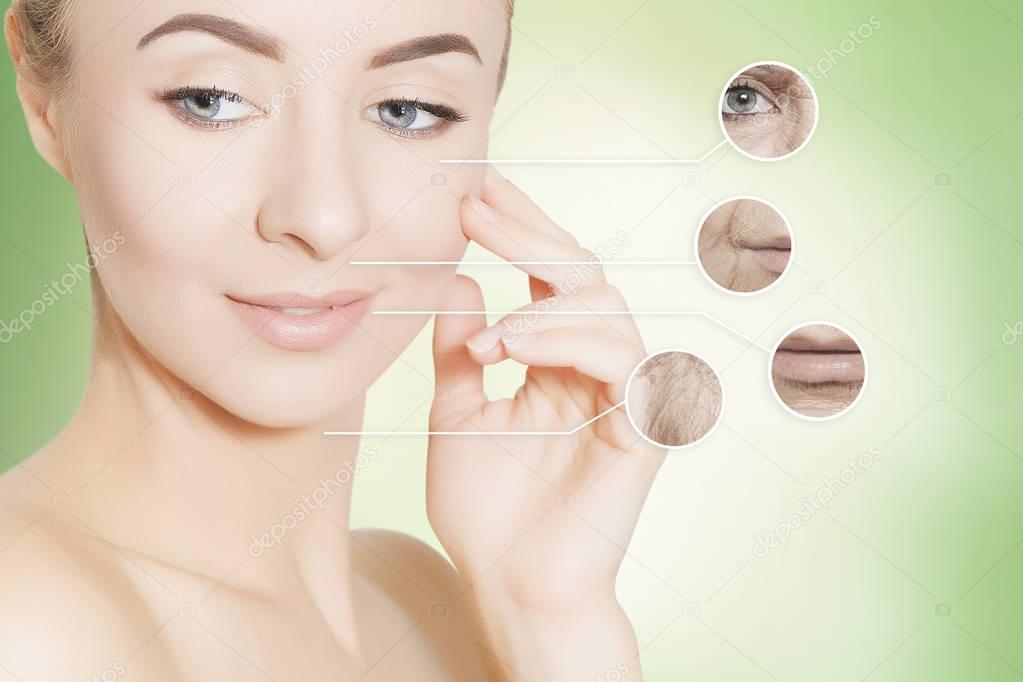 portrait of young woman face with circles of bad problem skin on