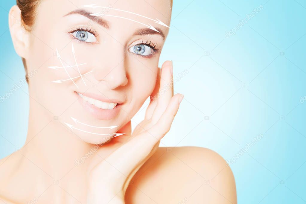 renovating skin concpet. woman face portrait with lifting marks 