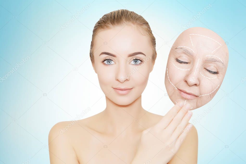 woman releases her face from wrinkles and bad skin