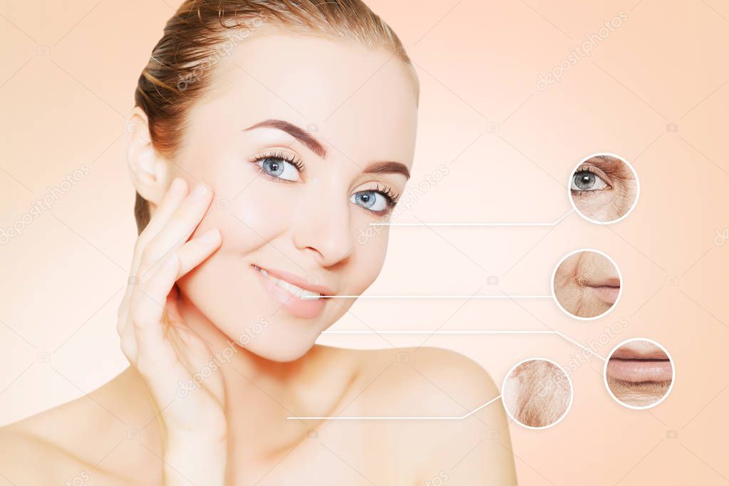 portrait of woman face with graphic circles of ols skin for adve