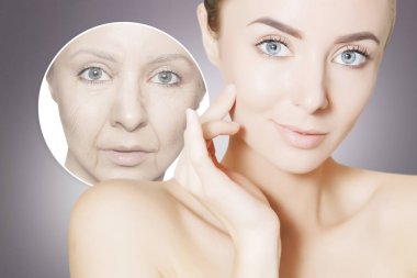 yaşlı ve genç cilt üzerinde gri ile genç model portresi