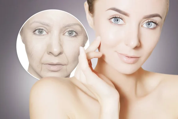 Portrait of young model with old and young skin over grey — Stock Photo, Image