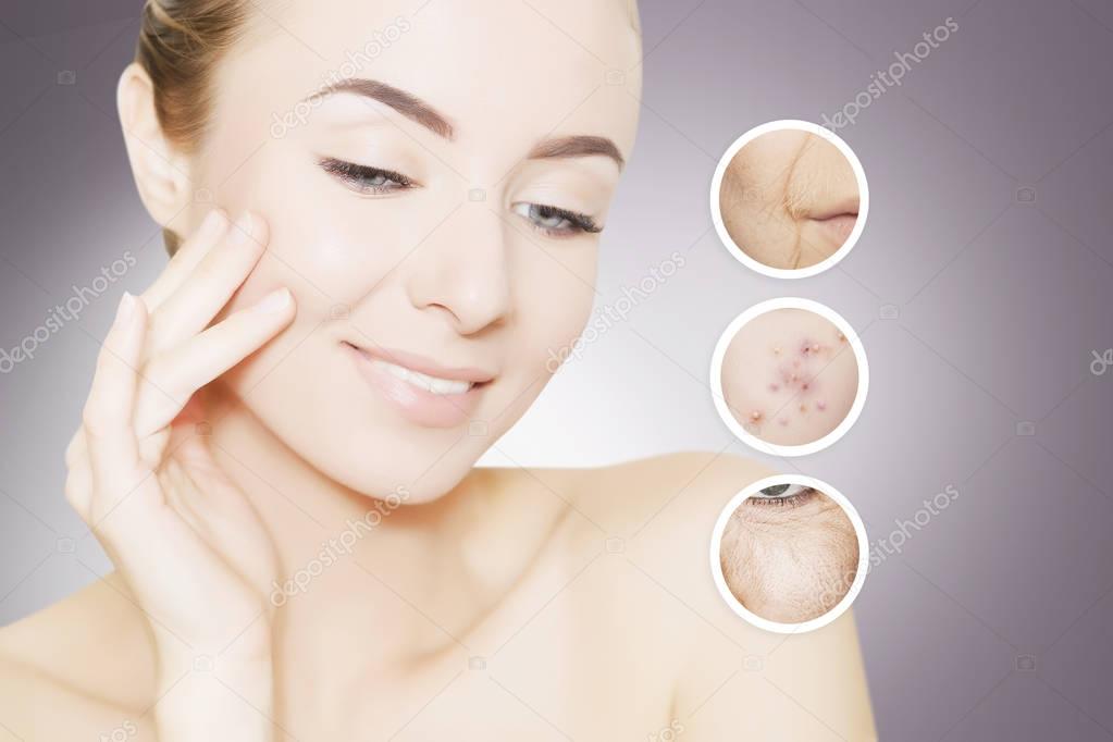 portrait of woman face grey with graphic circles of ols skin for