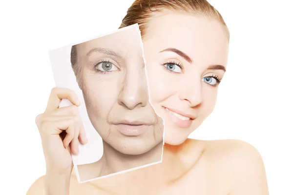 Gorgeous woman breaks photo with her old face — Stock Photo, Image