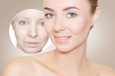  portrait of model with old and young skin over beige clipart