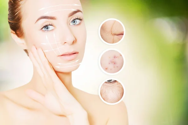 Portrait of woman face on greem with graphic circles of ols skin — Stock Photo, Image