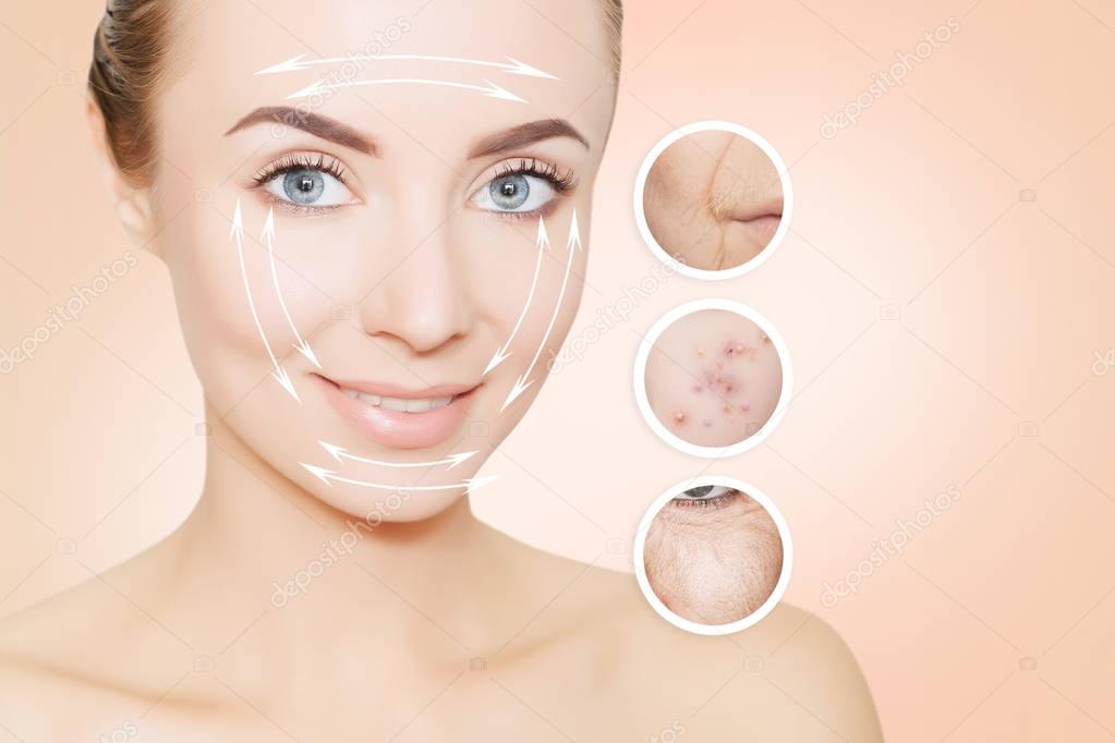 portrait of model with old and young skin over pink
