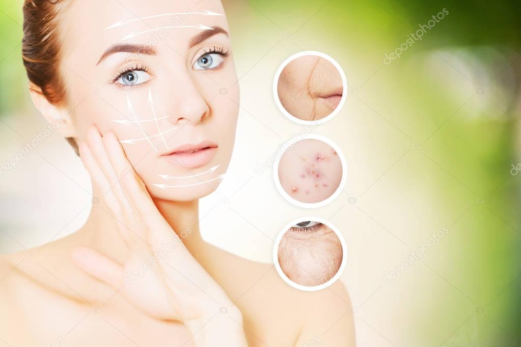 portrait of woman face on greem with graphic circles of ols skin