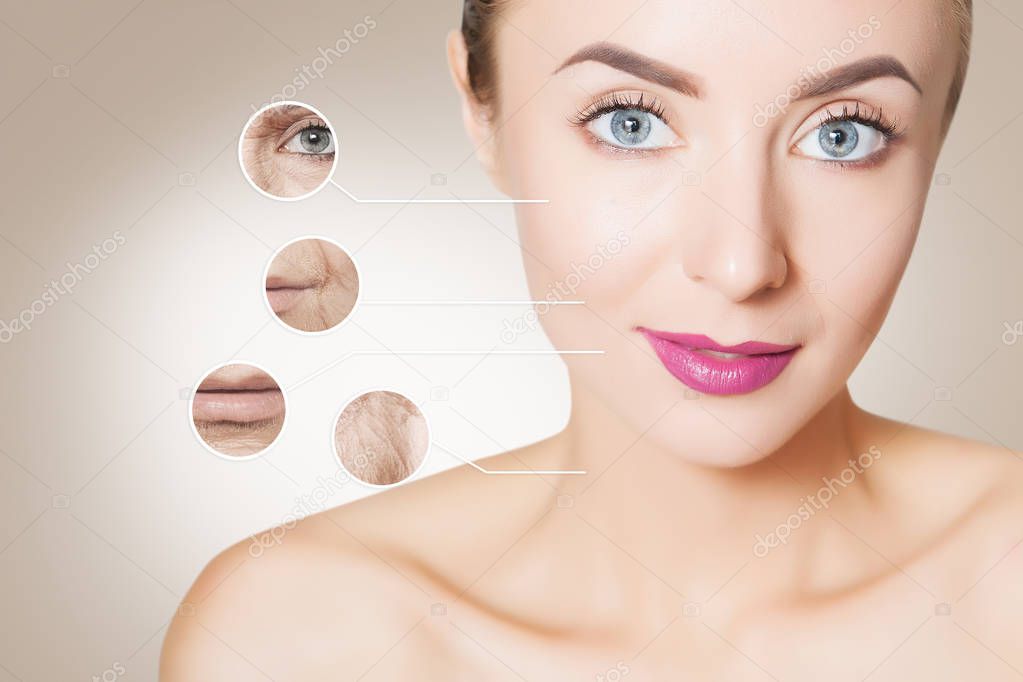 woman portrait isolated for design with graphic circles of old skin