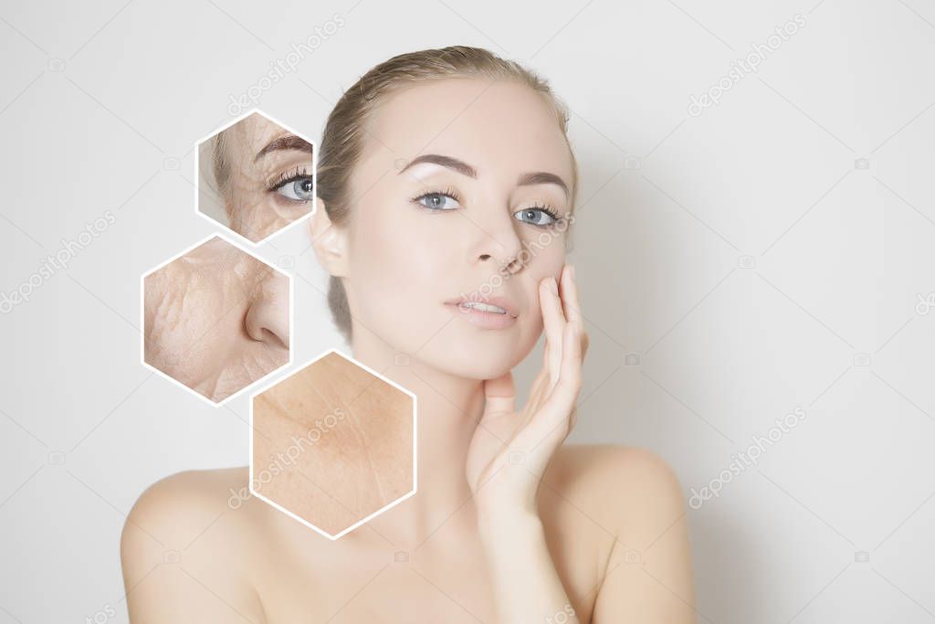 woman beauty face portrait with visualisation of old skin