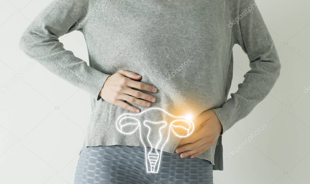 Woman in casual grey clothes suffering from indigestion pain, highlighted vector visualisation of uterus