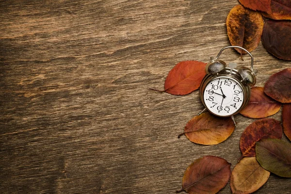 Vecchio orologio su uno sfondo di foglie gialle — Foto Stock