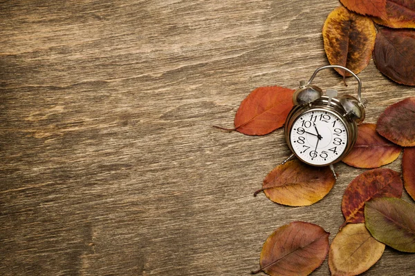 Vecchio orologio su uno sfondo di foglie gialle — Foto Stock