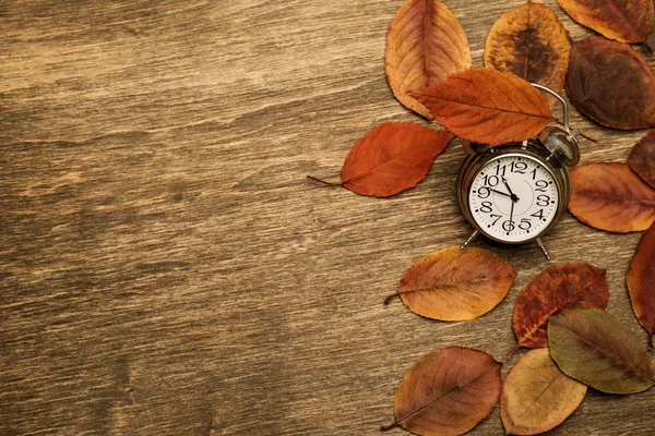 Vecchio orologio su uno sfondo di foglie gialle — Foto Stock