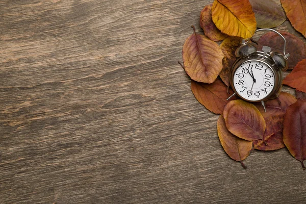 Vecchio orologio su uno sfondo di foglie gialle — Foto Stock