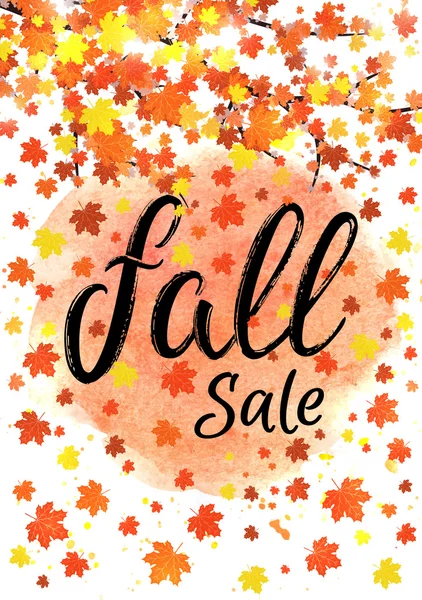 Fall sale lettering banner. Seasonal discount autumn poster with textured hand drawn typography and colorful leaves on abstract watercolor background. Vector illustration. — Stock Vector