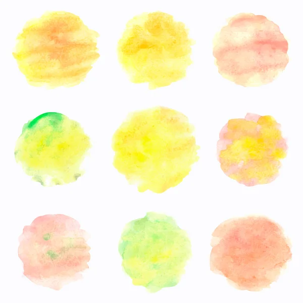 Акварельные круги изолированы на белом фоне. Разноцветные баннеры ручной работы. Осенние оттенки. Векторная иллюстрация . — стоковый вектор