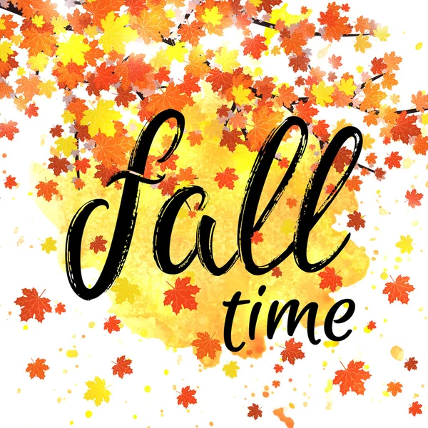 Autumn time lettering banner. Cartaz de queda sazonal com tipografia texturizada desenhada à mão e folhas coloridas em fundo aquarela abstrato. Ilustração vetorial . — Vetor de Stock