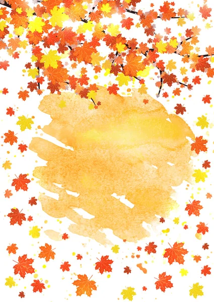 Pionowe jesień szablon transparent, puste miejsca na tekst. Sezonowy spadek plakat z kolorowych liści na streszczenie tło akwarela. Ilustracja wektorowa. — Wektor stockowy