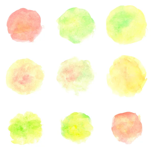 Aquarellkreise isoliert auf weißem Hintergrund. Reihe von farbenfrohen handbemalten Flecken. Herbsttöne. helle Vektorabbildung. — Stockvektor