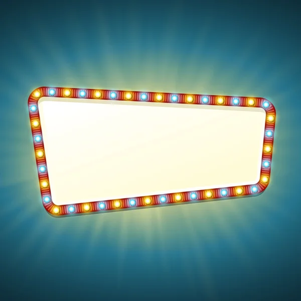 Banner de luz retro 3d en blanco con bombillas brillantes. Señal roja con luces amarillas y azules y espacio en blanco para texto. Letrero de calle Vintage. Marco publicitario con brillo. Ilustración vectorial colorida . — Vector de stock