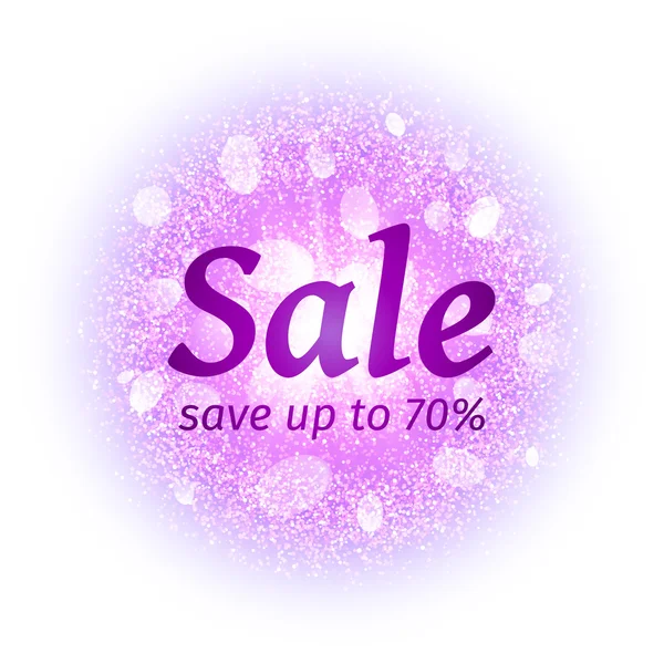 Sale banner on abstract explosion background with violet glittering elements. Burst of glowing star. Dust firework light effect with glow. Splash powder background. Bright vector illustration. — ストックベクタ