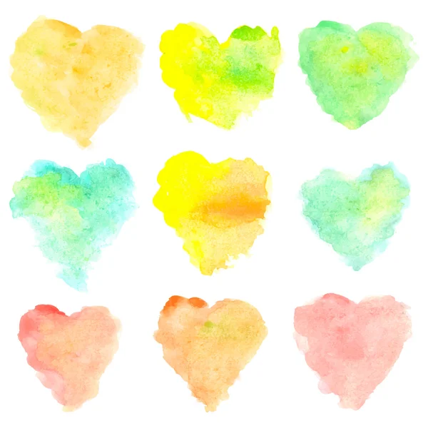 Watercolor heart shaped stains isolated on white background. Set of red, yellow, blue, green, orange hand painted spots. Colorful vector illustration. — Stockový vektor