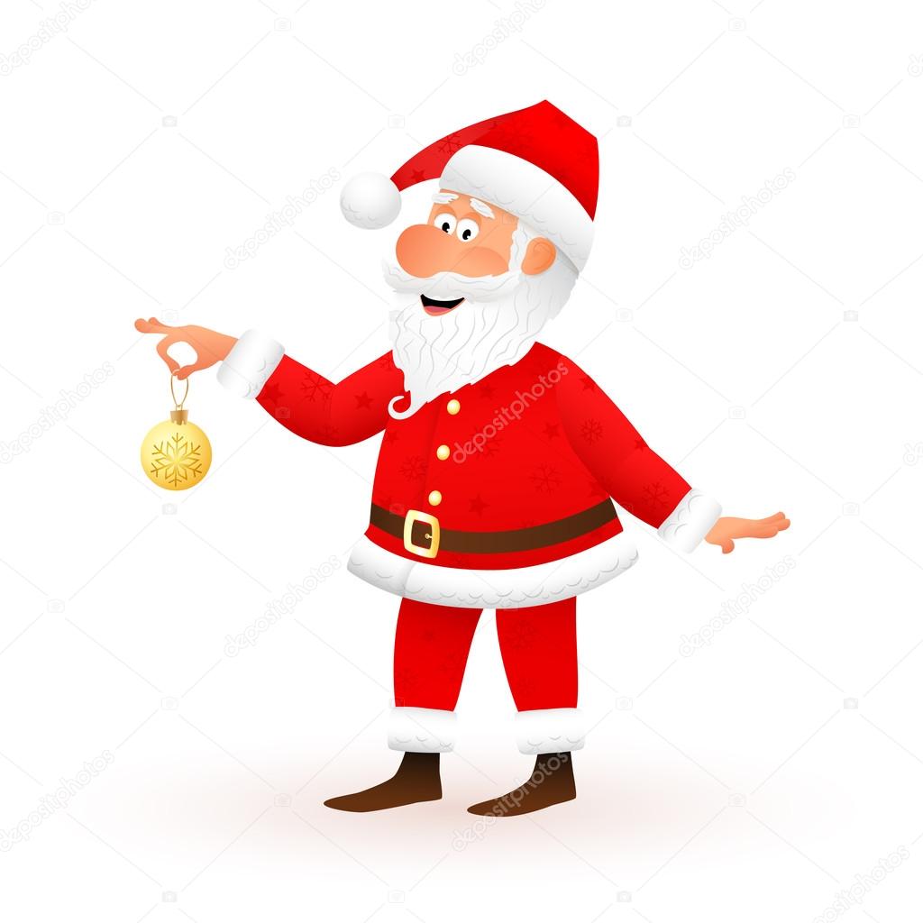 Standing funny old man is holding yellow Christmas ball with snowflake and smiling Christmas and New Year cartoon vector illustration — Vektor od julkirio