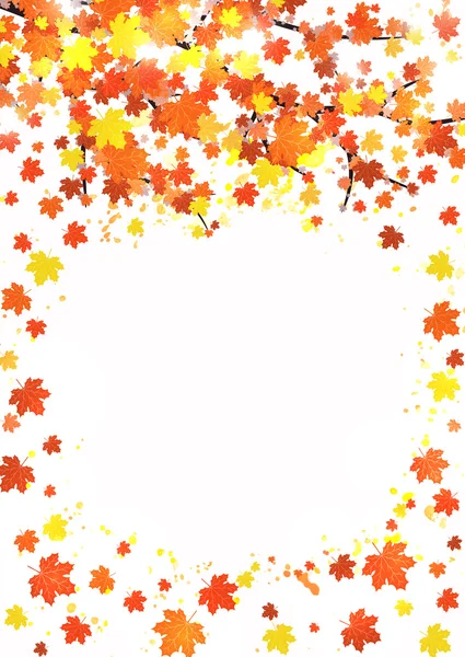 Modelo de banner de outono vertical com espaço em branco para texto. Cartaz de queda sazonal com folhas vermelhas, laranja e amarela caindo com respingo de aquarela no fundo branco. Ilustração vetorial colorida . — Vetor de Stock