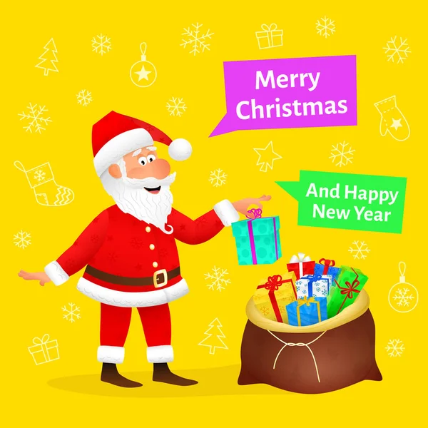 Feliz tarjeta de Navidad. Personaje de hombre viejo divertido plano que sostiene el regalo de Navidad en el fondo de Navidad. Banner de vacaciones o plantilla de póster. Diseño de decoración de Año Nuevo. Santa Claus ilustración vector de dibujos animados . — Vector de stock