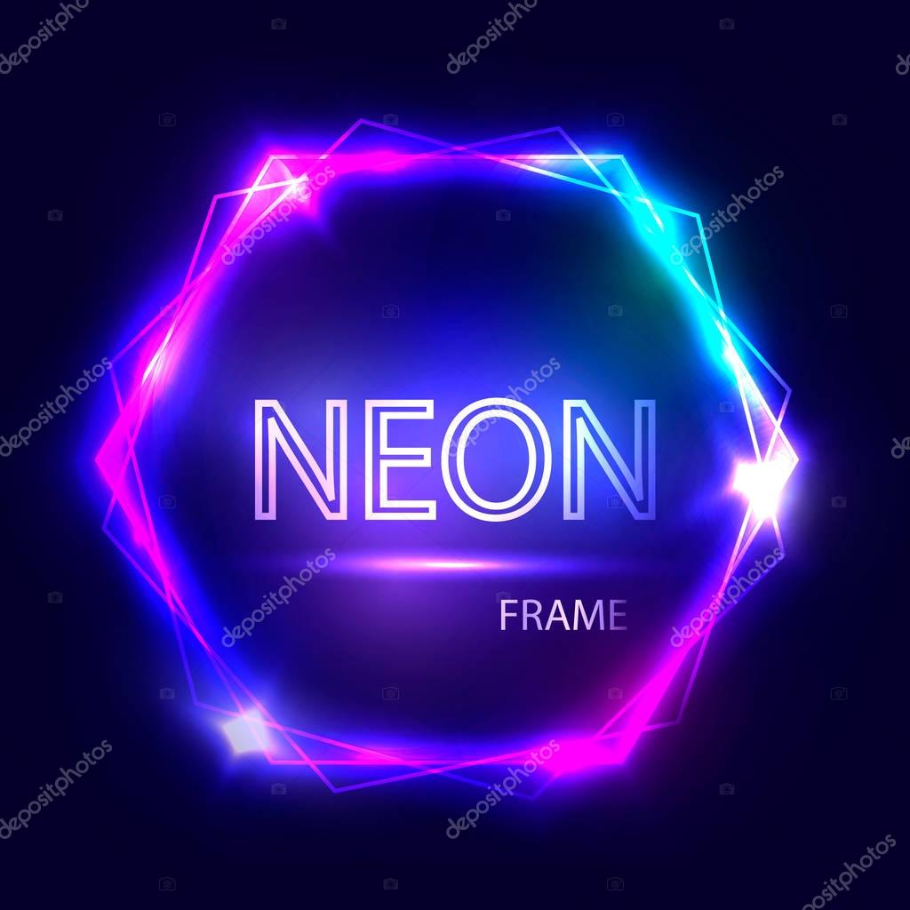 Neon round glowing frame. Electric circle on dark background. Light banner with glow. Bright sign with flares and sparkles. Vintage vector illustration